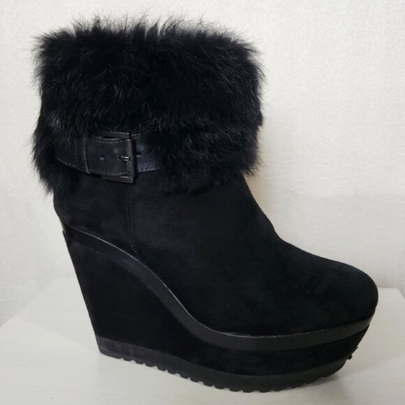 ASH Suede Platform Wedge Ankle Boot with Rabbit Fur Trim - Picture 1 of 8